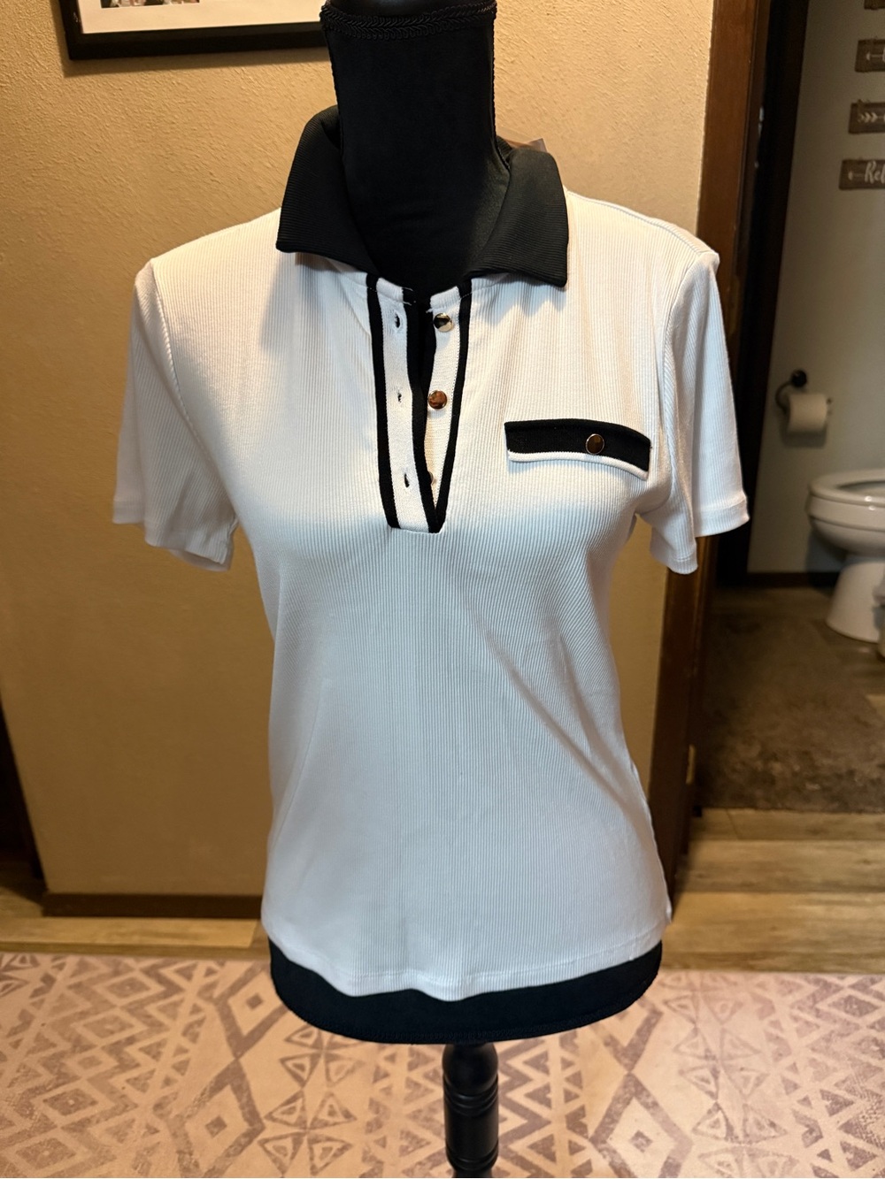 White Short Sleeve Polo Top with Black Trim